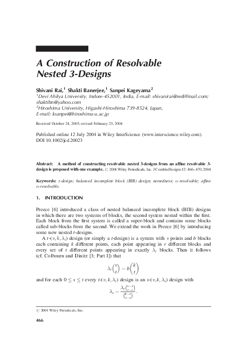 (PDF) A construction of resolvable nested 3-designs