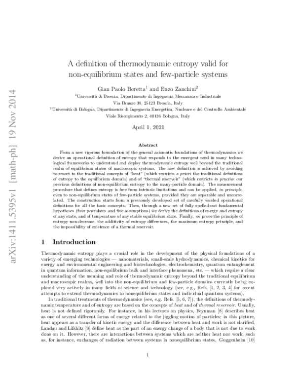 (PDF) A definition of thermodynamic entropy valid for non-equilibrium ...