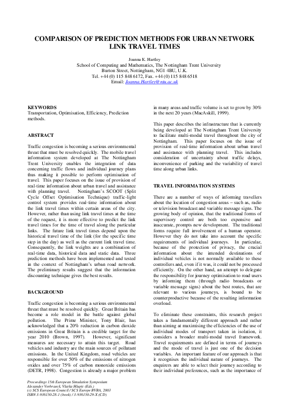 (PDF) Comparison of prediction methods for urban network link travel times