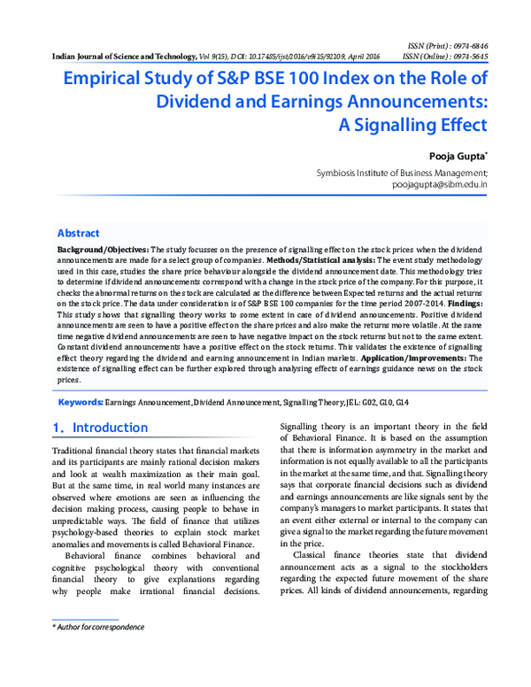 (PDF) Empirical Study of S&P BSE 100 Index on the Role of Dividend and