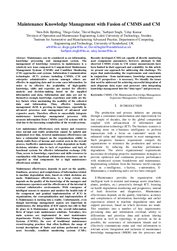 (PDF) Maintenance knowledge management with fusion of CMMS and CM