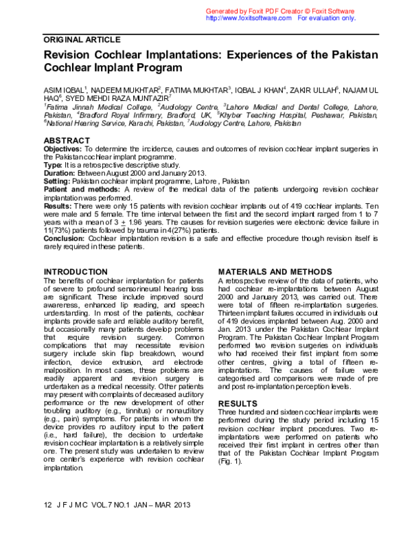 (PDF) Revision cochlear implantations experiences of the Pakistan