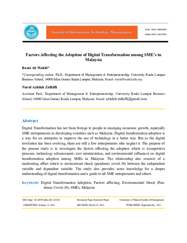 (PDF) Factors Affecting the Adoption of Digital Transformation among ...