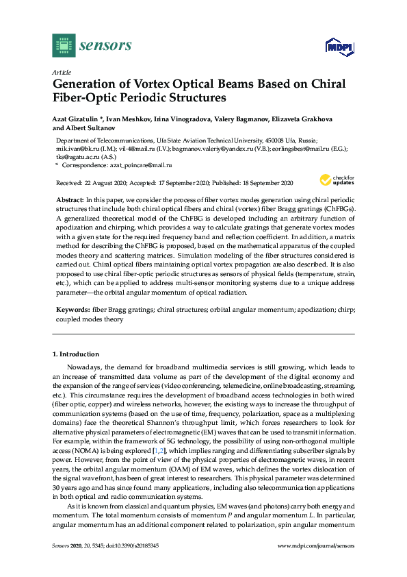 (PDF) Generation of Vortex Optical Beams Based on Chiral Fiber-Optic ...