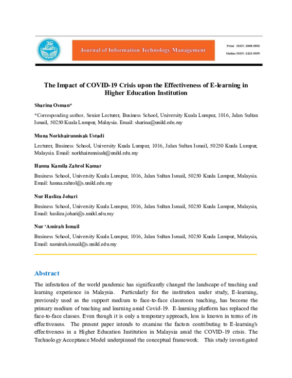 (PDF) The Impact of COVID-19 Crisis upon the Effectiveness of E ...