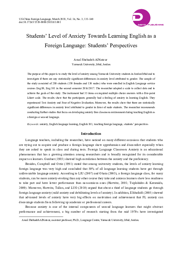 (PDF) Students’ Level of Anxiety Towards Learning English as a Foreign ...