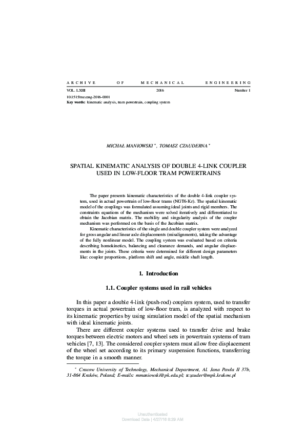 (PDF) Spatial Kinematic Analysis of Double 4Link Coupler Used in Low