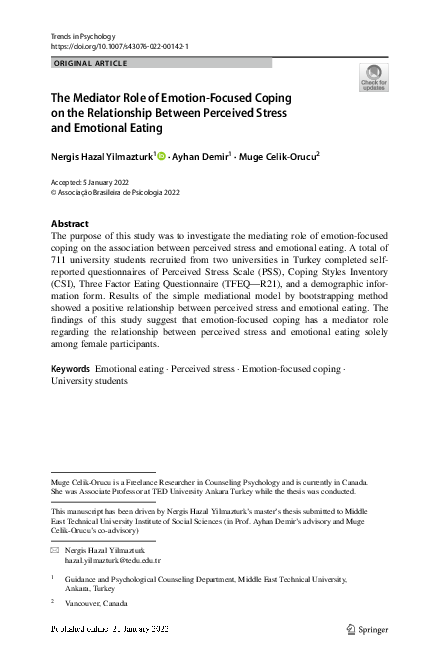 (PDF) The Mediator Role of Emotion-Focused Coping on the Relationship ...