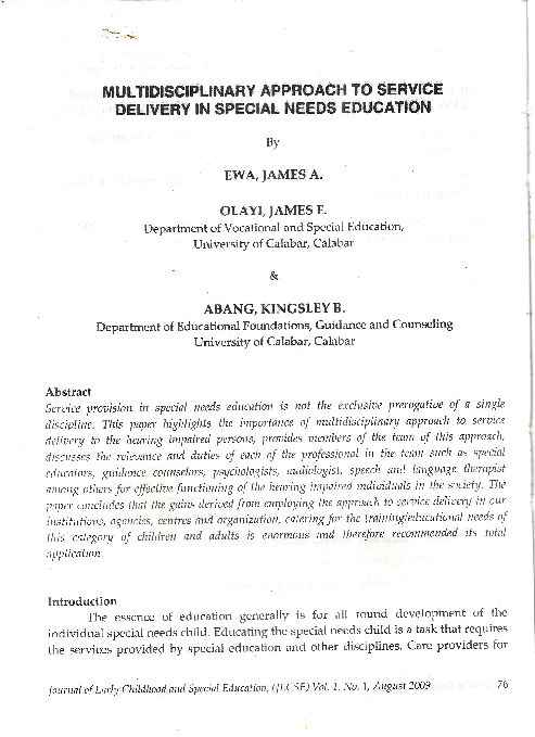 (PDF) Multidisciplinary Approach to Service Delivery in Special Needs ...