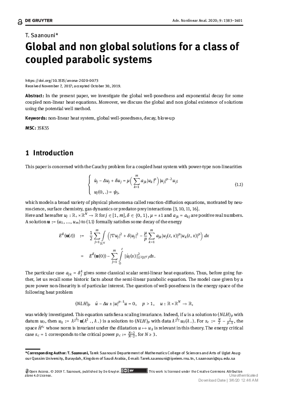 (PDF) Global and non global solutions for a class of coupled parabolic ...