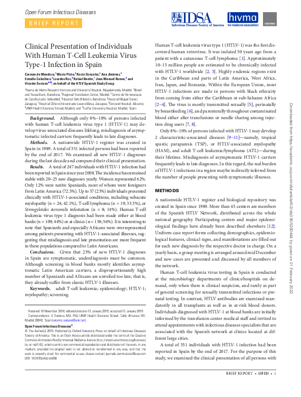 (PDF) Clinical presentation of individuals with HTLV-1 infection in Spain