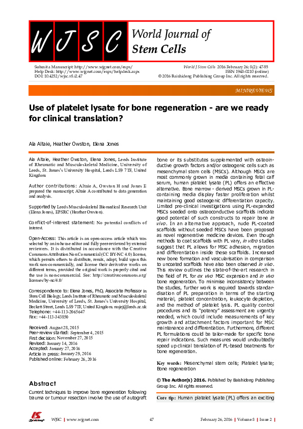(PDF) Use of platelet lysate for bone regeneration - are we ready for ...