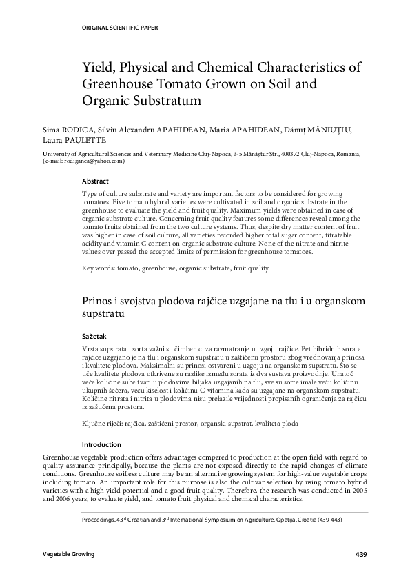 (PDF) Yield, Physical and Chemical Characteristics of Greenhouse Tomato ...