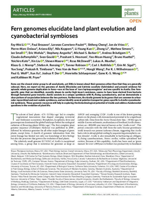 (PDF) Fern genomes elucidate land plant evolution and cyanobacterial ...