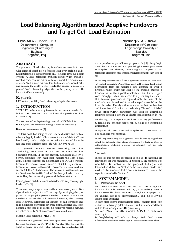 (PDF) Load Balancing Algorithm based Adaptive Handovers and Target Cell ...