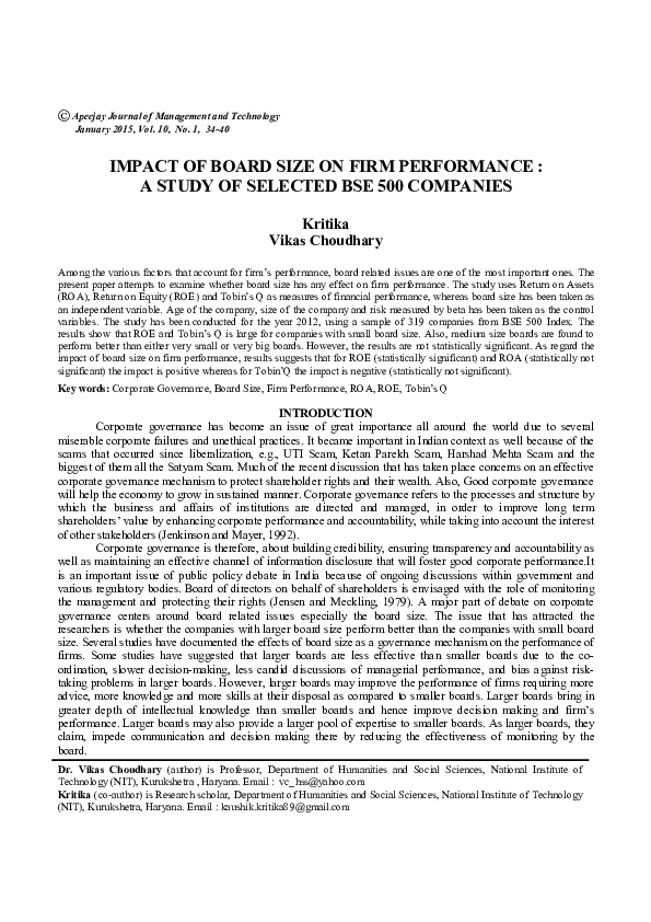 (PDF) IMPACT OF BOARD SIZE ON FIRM PERFORMANCE : A STUDY OF SELECTED ...
