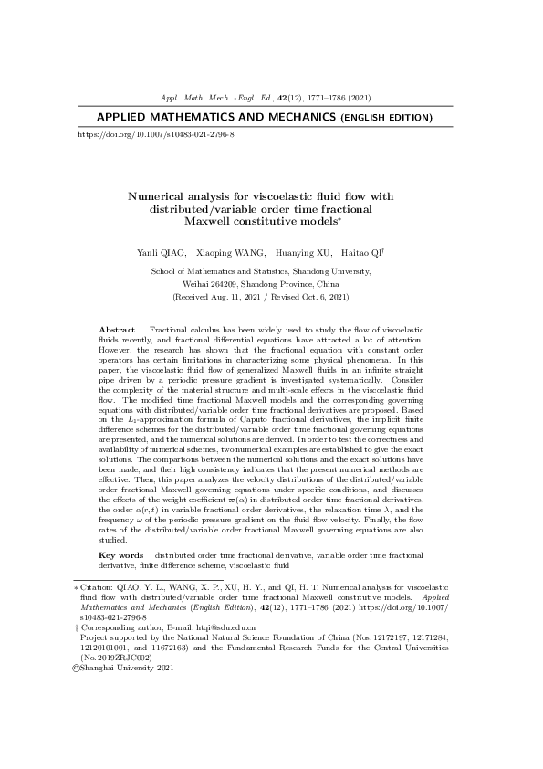(PDF) Numerical analysis for viscoelastic fluid flow with distributed ...