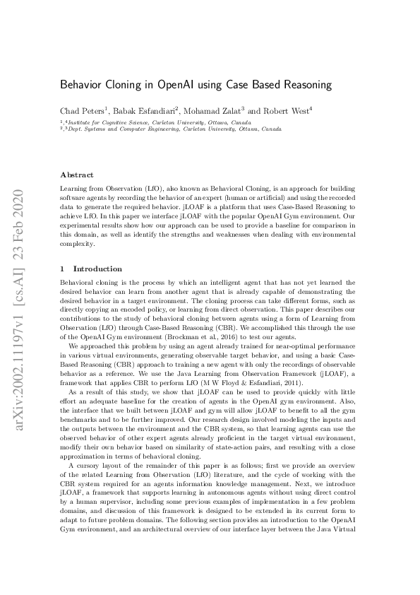 (PDF) Behavior Cloning in OpenAI using Case Based Reasoning