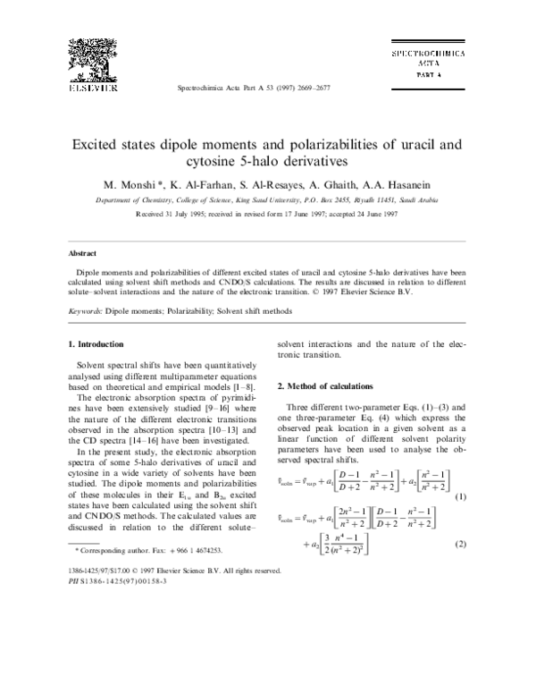 (PDF) Excited states dipole moments and polarizabilities of uracil and ...