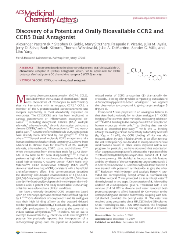 (PDF) Discovery of a Potent and Orally Bioavailable CCR2 and CCR5 Dual ...