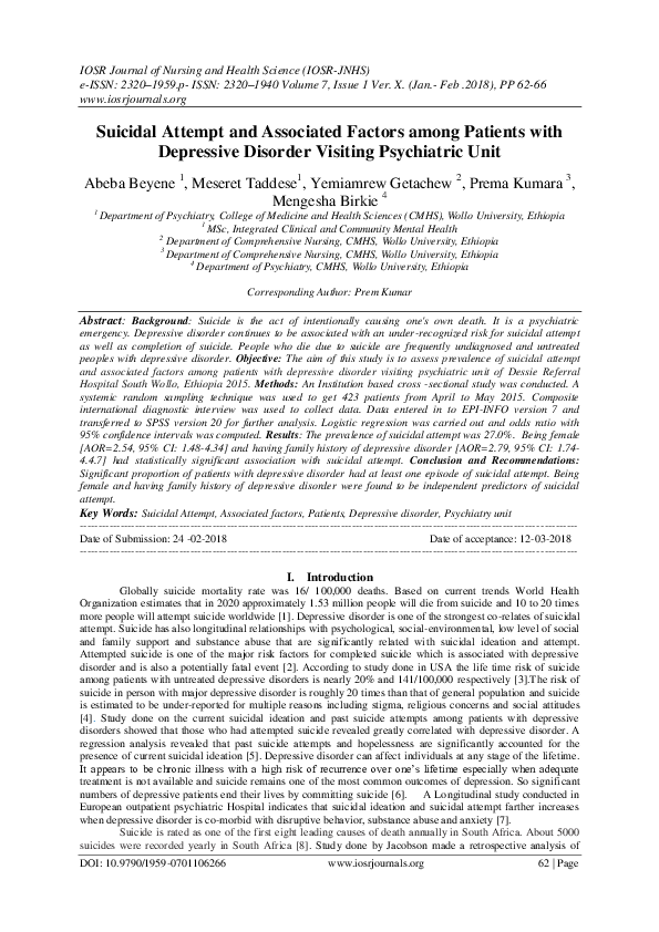 (PDF) Suicidal Attempt and Associated Factors among Patients with ...