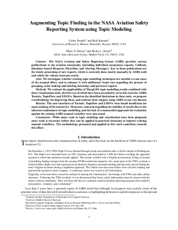 (PDF) Augmenting Topic Finding in the NASA Aviation Safety Reporting ...