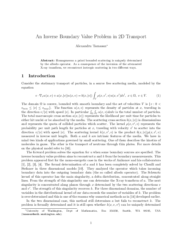 (PDF) An Inverse Boundary Value Problem in 2D Transport