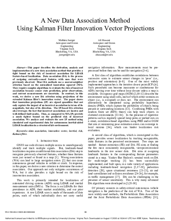 (PDF) A New Data Association Method Using Kalman Filter Innovation ...