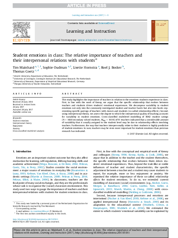 (PDF) Student emotions in class: The relative importance of teachers ...