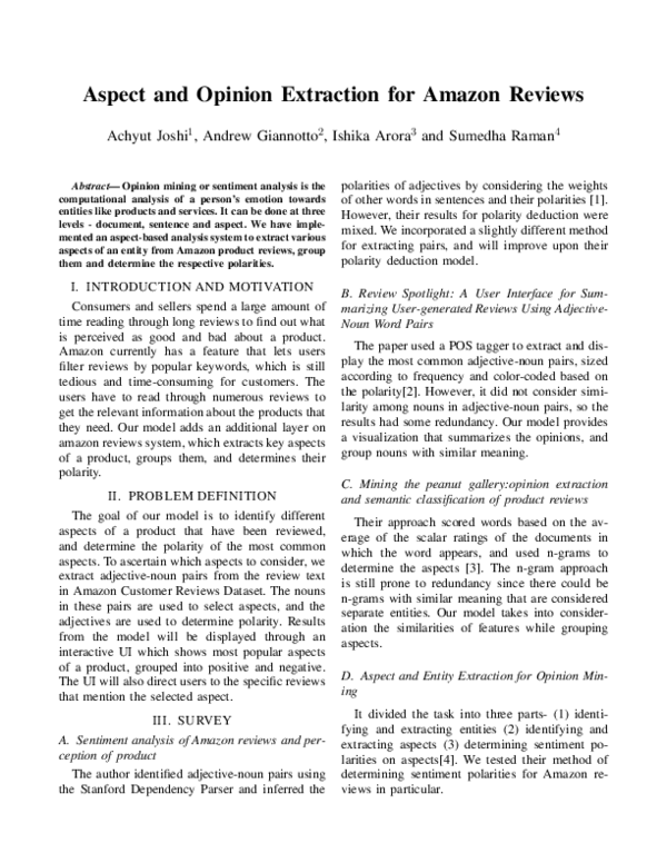 (PDF) Aspect and Opinion Extraction for Amazon Reviews