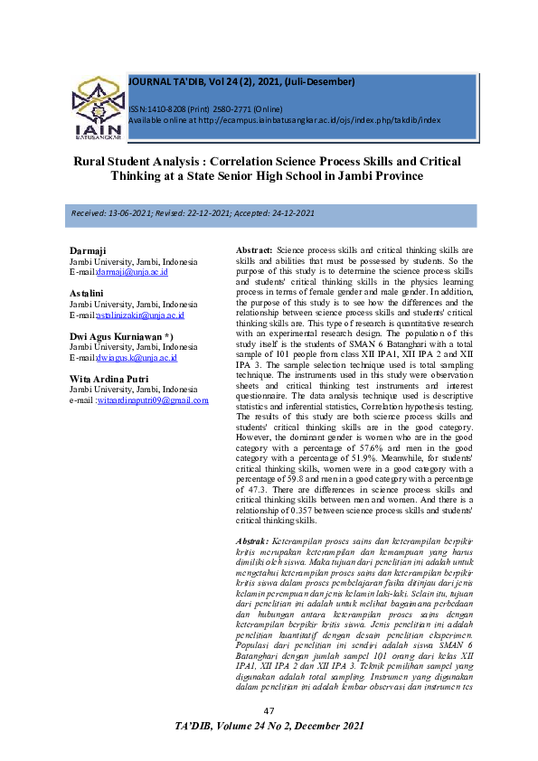 (PDF) Rural Student Analysis : Correlation Science Process Skills and ...