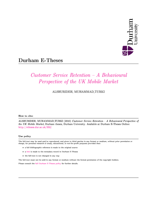 PDF) Customer Service Retention - A Behavioural Perspective of the UK  Mobile Market | Muhammad Alshurideh - Academia.edu