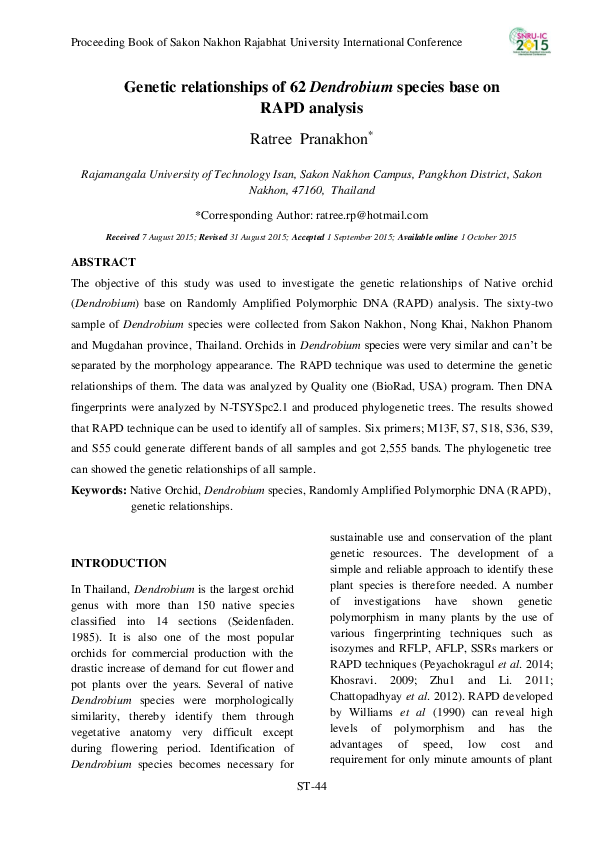 (PDF) Genetic relationships of 62 Dendrobium species base on RAPD analysis