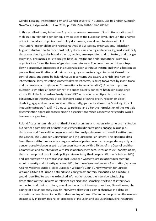(PDF) Gender Equality, Intersectionality, and Gender Diversity in Europe