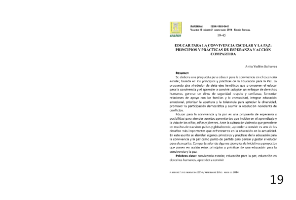 (PDF) Educar para la convivencia escolar y la paz: principios y ...