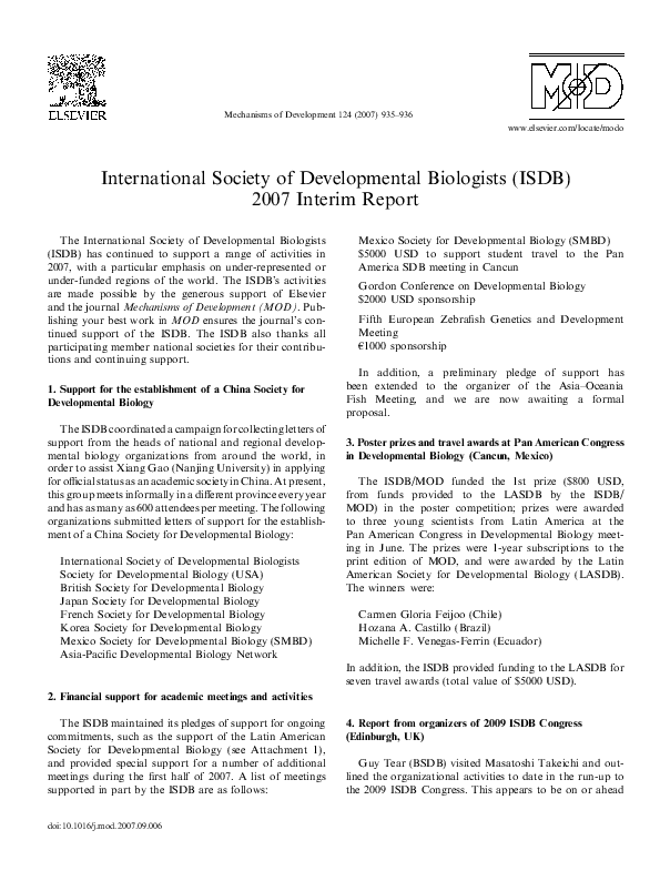(PDF) International Society of Developmental Biologists (ISDB) 2007 ...