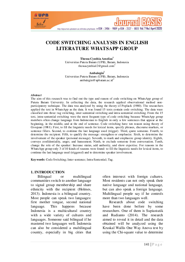 (PDF) Code Switching Analysis in English Literature Whatsapp Group