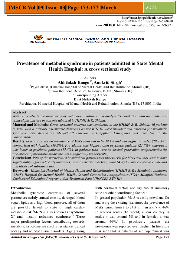 (PDF) Prevalence of metabolic syndrome in patients admitted in State ...
