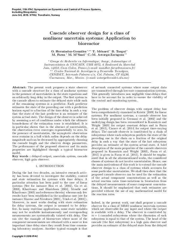 (PDF) Cascade observer design for a class of nonlinear uncertain ...