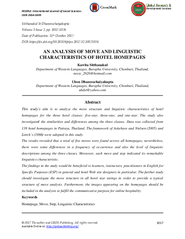 (PDF) An Analysis of Move and Linguistic Characteristics of Hotel Homepages