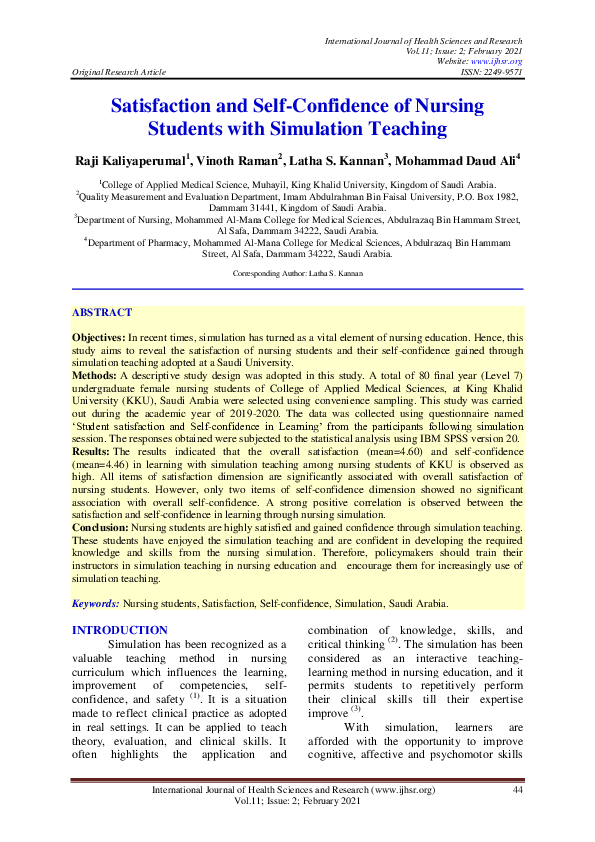 (PDF) Satisfaction and Self-Confidence of Nursing Students with ...