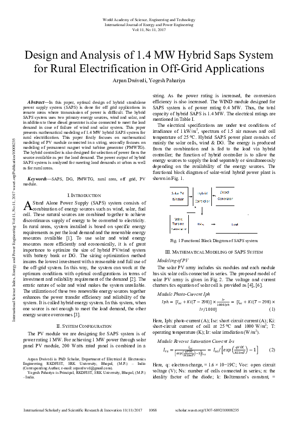 (PDF) Design and Analysis of 1.4 MW Hybrid Saps System for Rural ...