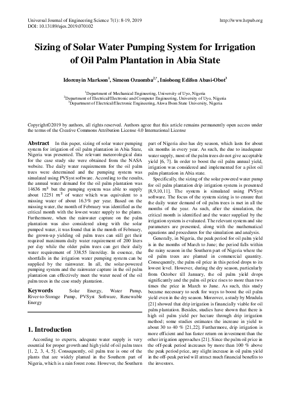 (PDF) Sizing of Solar Water Pumping System for Irrigation of Oil Palm ...