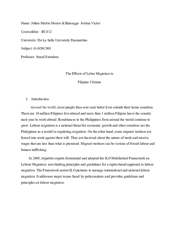 (DOC) The Effects of Labor Migration to Filipino Citizens