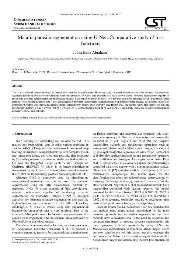 (PDF) Malaria parasite segmentation using U-Net: Comparative study of ...
