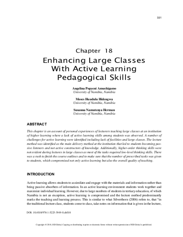 (PDF) Enhancing Large Classes With Active Learning Pedagogical Skills