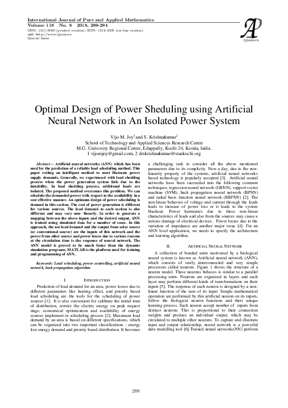 (PDF) Optimal Design of Power Sheduling using Artificial Neural Network ...