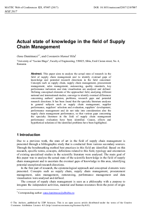 (PDF) Actual state of knowledge in the field of Supply Chain Management