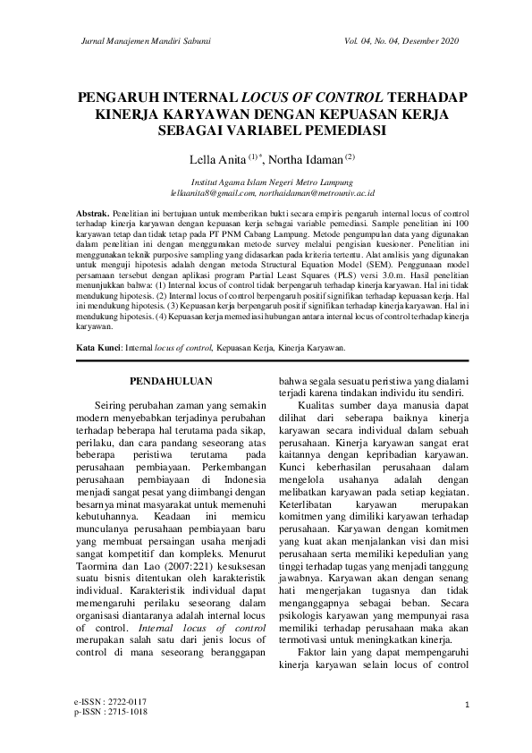(PDF) Pengaruh Internal Locus of Control Terhadap Kinerja Karyawan ...