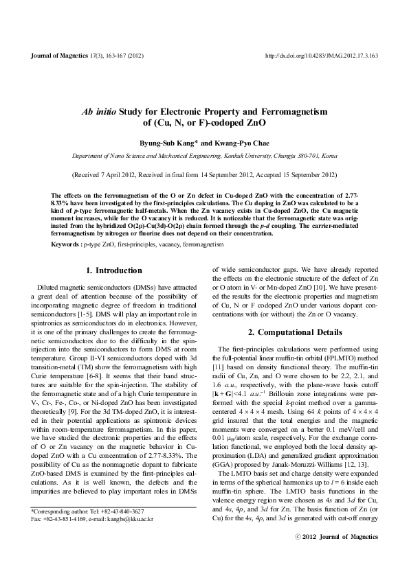 (PDF) Ab initio Study for Electronic Property and Ferromagnetism of (Cu ...